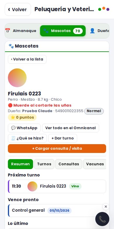 Ficha de una mascota en el celular